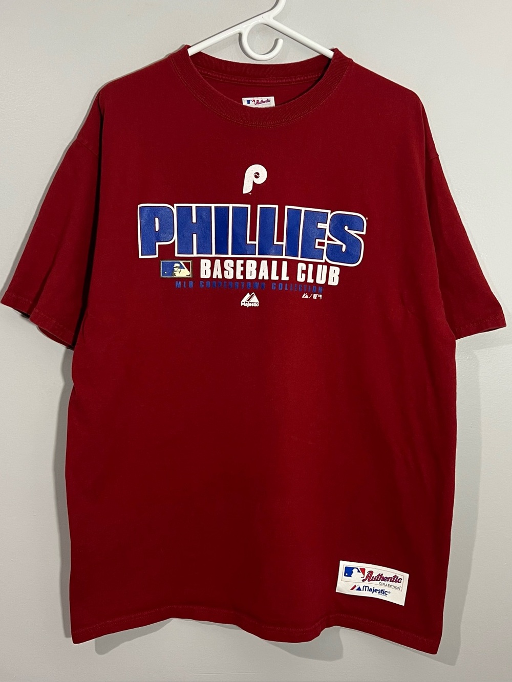 Majestic MLB Philadelphia Phillies Baseball Red Short Sleeve T-Shirt Mens Large